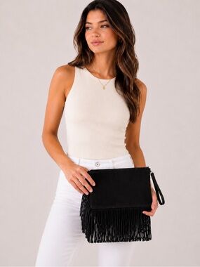 Zara Black Suede Fringe Wristlet Clutch